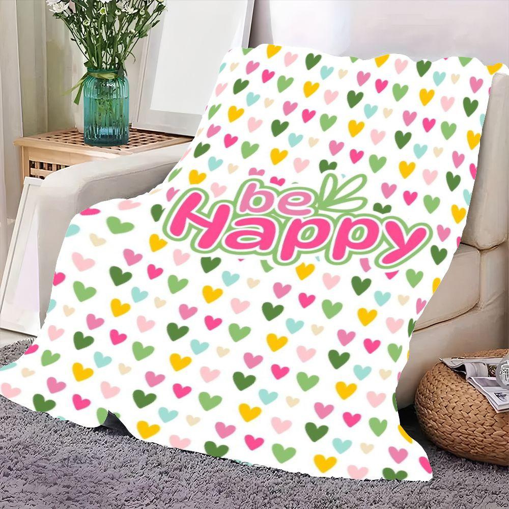 Be Happy Colorful Hearts Throw Blanket - Soft Plush Fleece Blanket with Playful Cursive Font Design, Featuring Pink, Yellow, Gre 75cmx90cm
