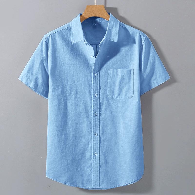 Summer Mens Short Sleeve Shirts Solid Color Stand Collar Oversize T Shirts Breathable Loose Youth Basic Cotton Pocket Shirts Man