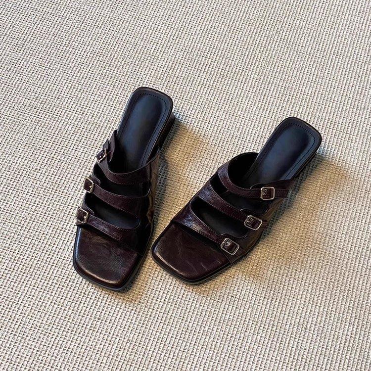 

Soft leather version~ retro square head one-word buckle sandals women s summer new black open-toed thick heel outer wear cool slippers 43