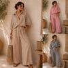 Women Striped Lapel Half Sleeve Suit Drawstring Waist Wide Leg Casual Loose Fit Set