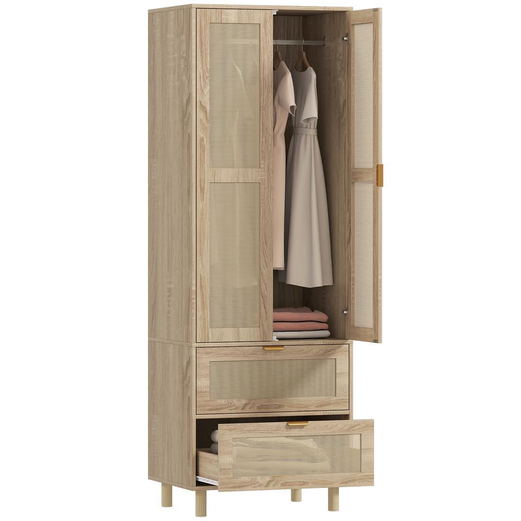 Bedroom Wardrobe with 2 Rattan Doors, 2 Drawers and Hanging Rail, 63 X 47 X 185 Cm, Natural Wood