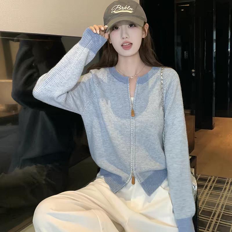 Korean Contrast Color Wool Knit Cardigan - Women's Loose Fit Long Sleeve Zipper Sweater
