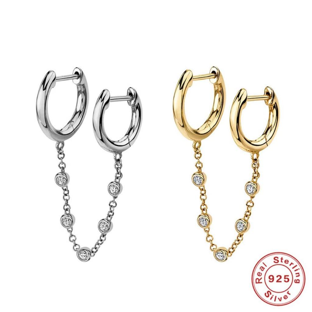 Rockyu Earrings for Double Hoop Chain Large and Small Ring Double Ring Silver Accessories Women, Zirconia, Earrings, Earrings, Hoop, Chain, Earrings,