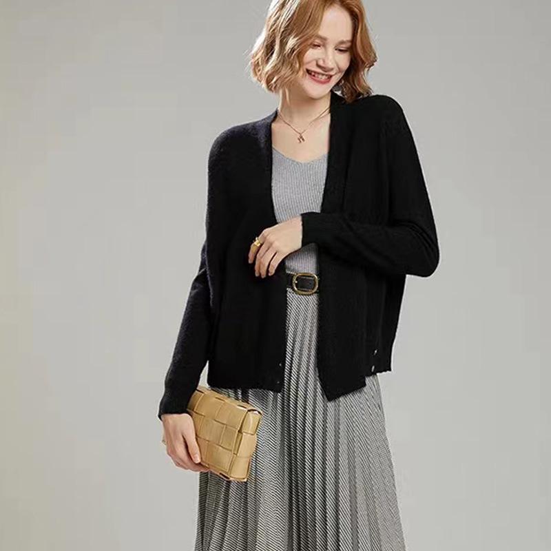 Women's 100% Pure Wool V-neck Cardigan with Side Buckle - Autumn/Winter Long-Sleeve Knit Top