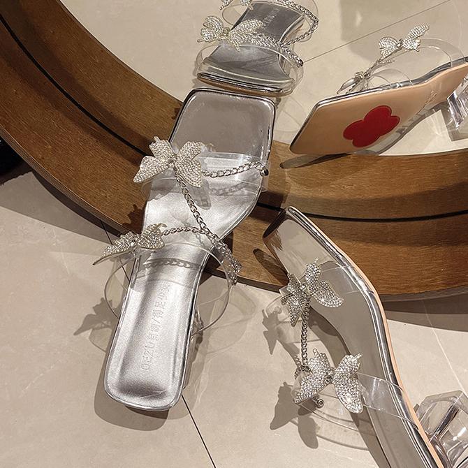 Summer Bowknot Rhinestone High Heel Sandal Slippers Women Chunky Heel Transparent Silver High Heel Slippers