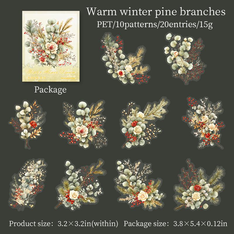 20 Pcs Winter Flower Branches Leaves Stickers PET Material Collage Junk Journal DIY Scrapbooking Supplies Decor Sticker