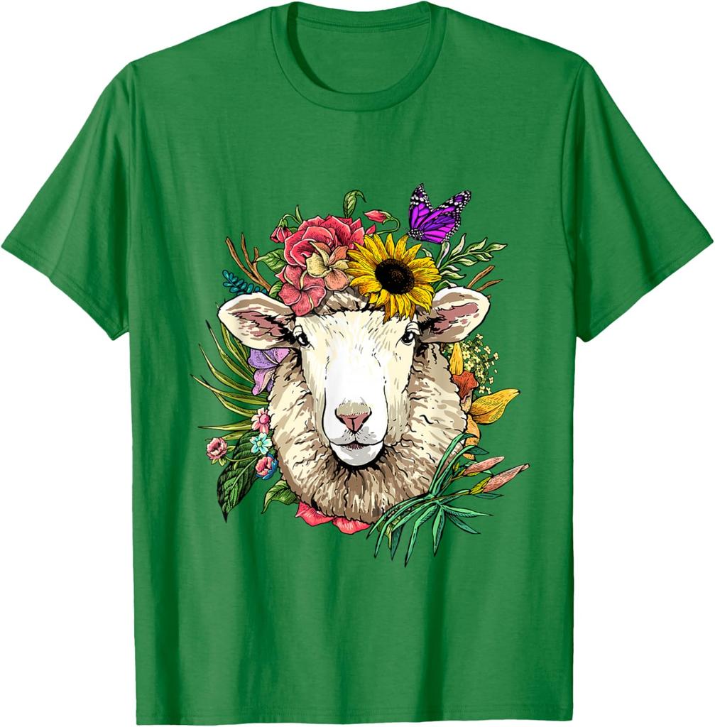 Blumen Schafskopf Kranz T-Shirt Tierliebhaber Bauernhof Grafik T-Shirt Frühling Sommer Freizeit