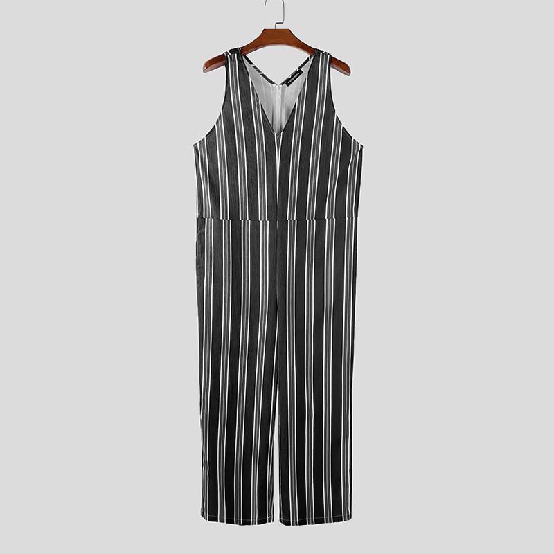 

INCERUN Men Sleeveless V Neck Striped Casual Loose Drop-crotch Jumpsuits Rompers S чёрный