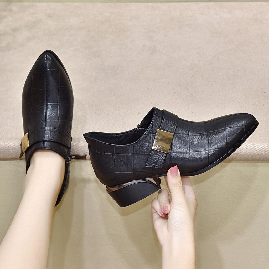 Pointed Deep Mouth Single Shoes Women's Autumn New Square Buckle Thick Heel Fashion Shoes Embossed Cowhide High Heels
