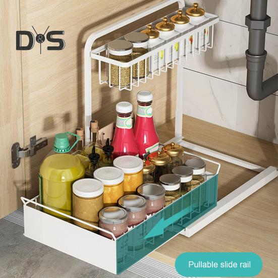 Under Sink Organizer with Sliding Drawer L-Shaped Carbon Steel Storage Rack Rust-Proof Under Sink Rack for Kitchen Bathroom Clutter