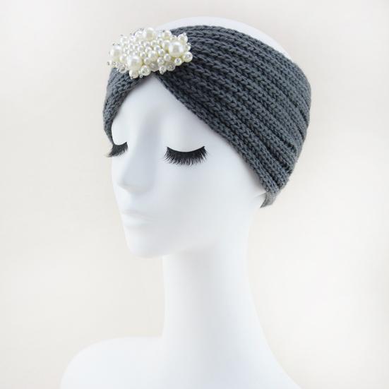 Knitted Headband Soft Stretchy Wide Band Hairband with Faux Pearl Headwrap Winter Hair Accents Solid Color