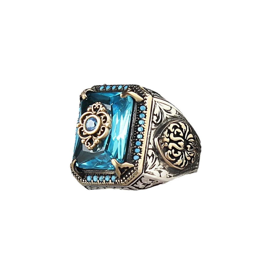 Retro Ethnic Style Blue Zircon Ring for Men and Women