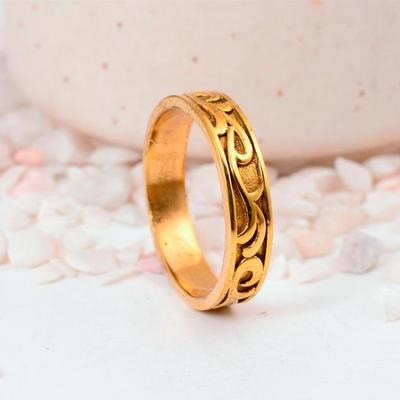 Gold Plated Scrollwork Band Ring | Unisex Vintage Brass Wedding Band | Engraved Filigree Jewelry