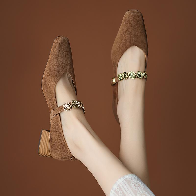 Fashion 2025 New Spring Women Pumps Kid Suede Square Toe Genuine Leather Shoes for Women Buckle Strap Mary Janes Ladies Shoes