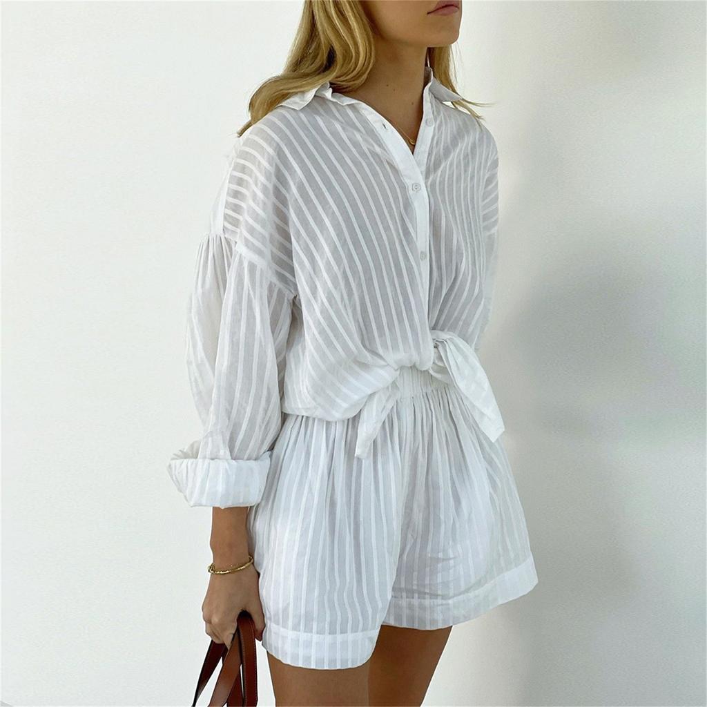 Women's Casual Long Sleeve Shirt & Shorts Set - Breathable Outfit For Summer