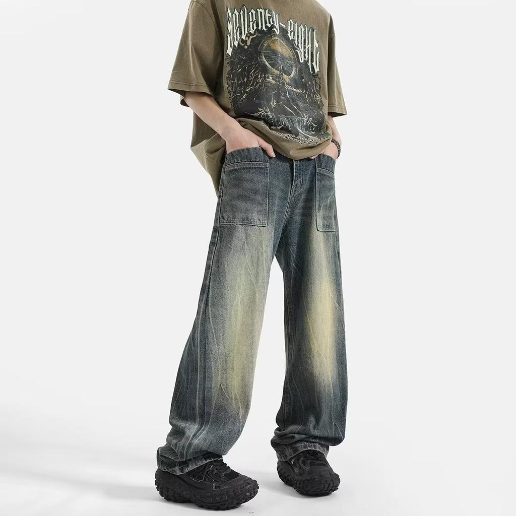 Black denim wide-leg pants men's American retro washed old straight loose jeans trendy versatile casual pants