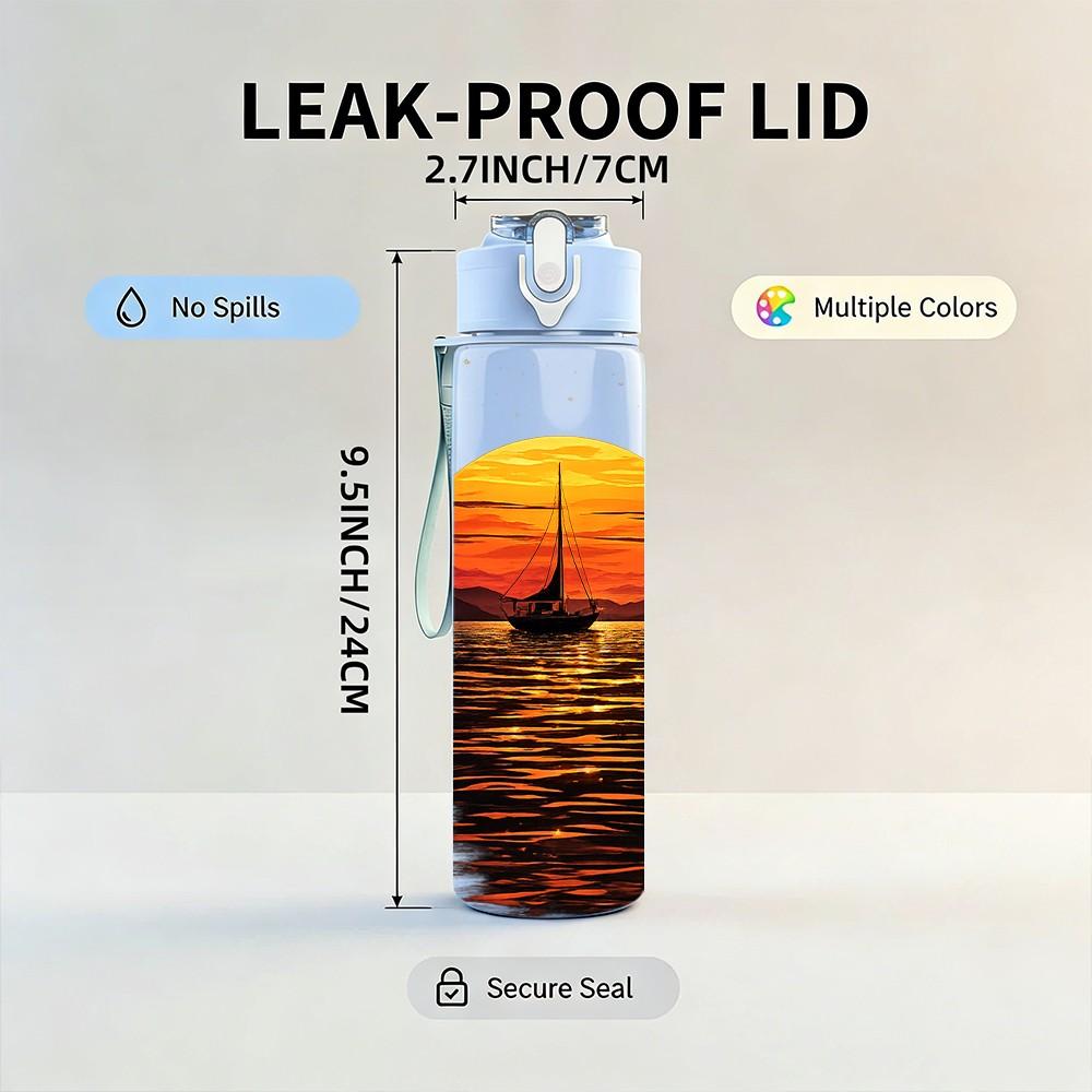 1PC Sunset Ocean Boat Water Scenery Print 750ml Color Plastic Sports Water Bottle Leakproof Flip Straw Lid Suitable for Sports Office Home Use