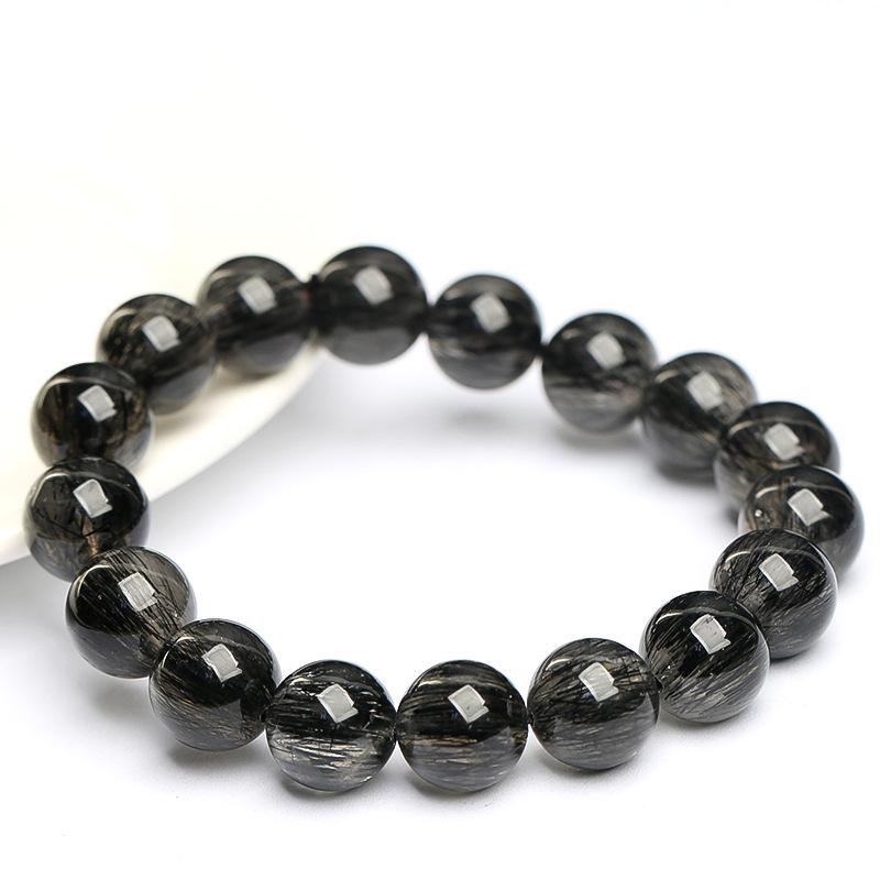 Hongchu Crystal Natural Black Hair Crystal Bead Bracelet Black Rutilated Quartz Smooth Bead Bracelet