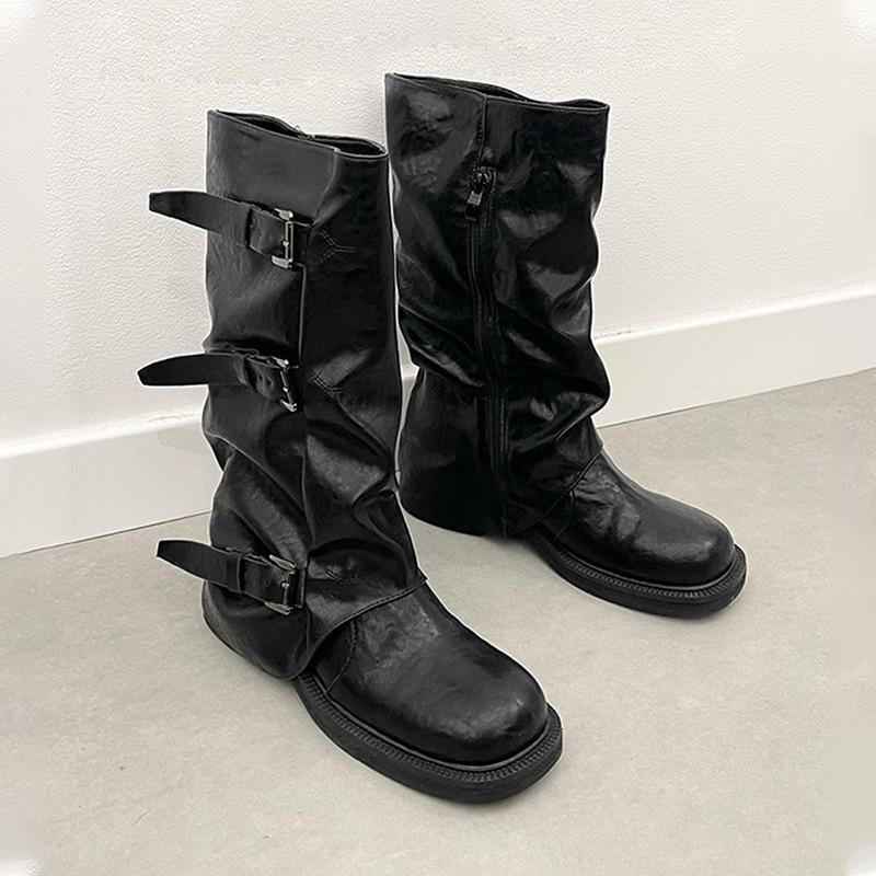 

Cowhide Edition~ Autumn and Winter Retro Thick-soled Medium Boots Western Cowboy Pile Pants Tube Boots Knight Boots Martin Boots Children 40 чёрный