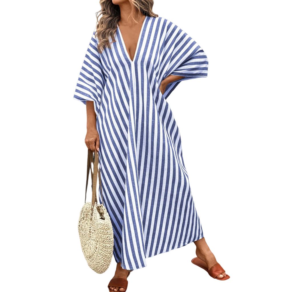 Women's Fashionable Loose Casual V-neck Striped Long Resort Dress