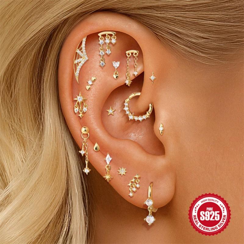 Sterling Geometric Stud Earrings With Zircon Accents Threaded Flat-Top Ear Piercing Jewelry Women Men