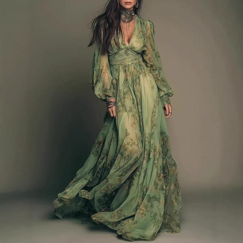 Women's Floral Maxi Dress V Neck Long Sleeve Boho A Line Vacation Long Dress