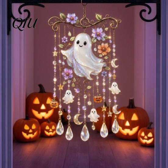 Mysterious Courtyard Landscaping Halloween Wind Chime, Colorful Bird Sun Catcher, Cute Spooky Window Suncatcher Ghost Windchime, Hanging Decoration
