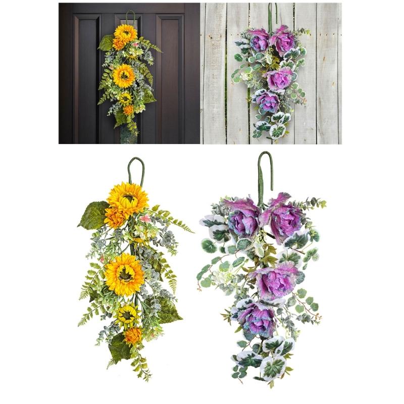Yellow Sunflowers Wreath Realistic Artificial Sunflowers Wreath Spring Summer Wreath with Leaves for Front Door Decor