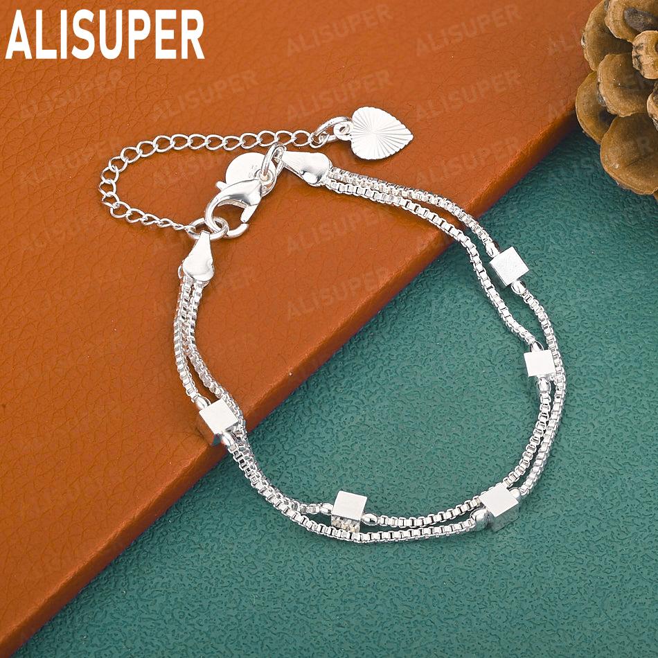 925 Sterling Silver Simple Double-Layer Square Box Bracelet - Fashionable Gift Jewelry