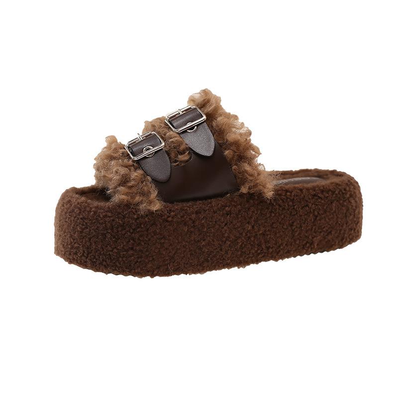 

Thick bottom fluffy slippers women wear 2025 new autumn and winter fashion belt buckle plush Internet celebrity one-word cotton slippers 40