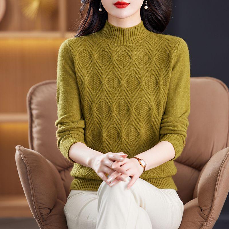 Autumn and Winter Style Long Sleeve Half High Neck Sweater Sweater Women's Korean Version Solid Color Fried Dough Twists Pullover Sweater