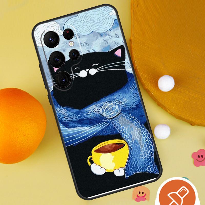 Cute Animal Cat Coffee Case For Samsung Galaxy S25 Ultra S24 S23 S22 S21 Ultra S9 S10 S20 Plus S24 FE Funda Cover