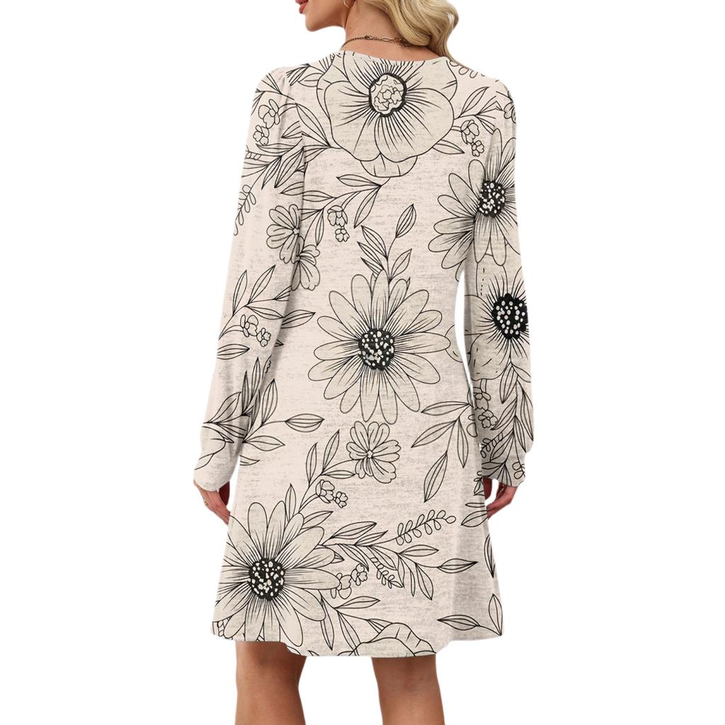Women's Long Sleeve Pleated Round Neck Floral Print Casual Dress With Pockets
