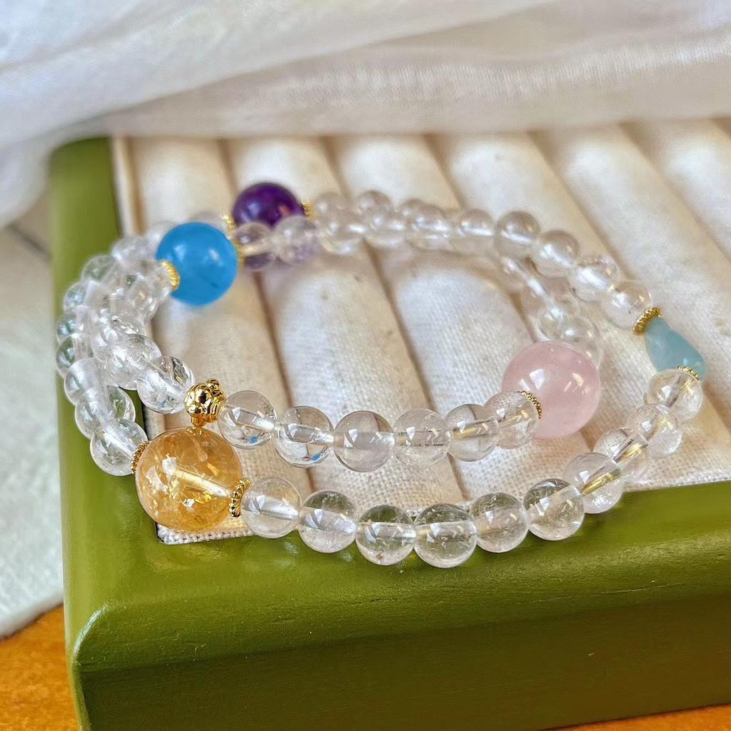 Vintage Natural White Crystal, Rose Quartz, Amethyst, Multi-Treasure Multi-Circle Beaded Bracelet, Niche High-End Bracelet Woman