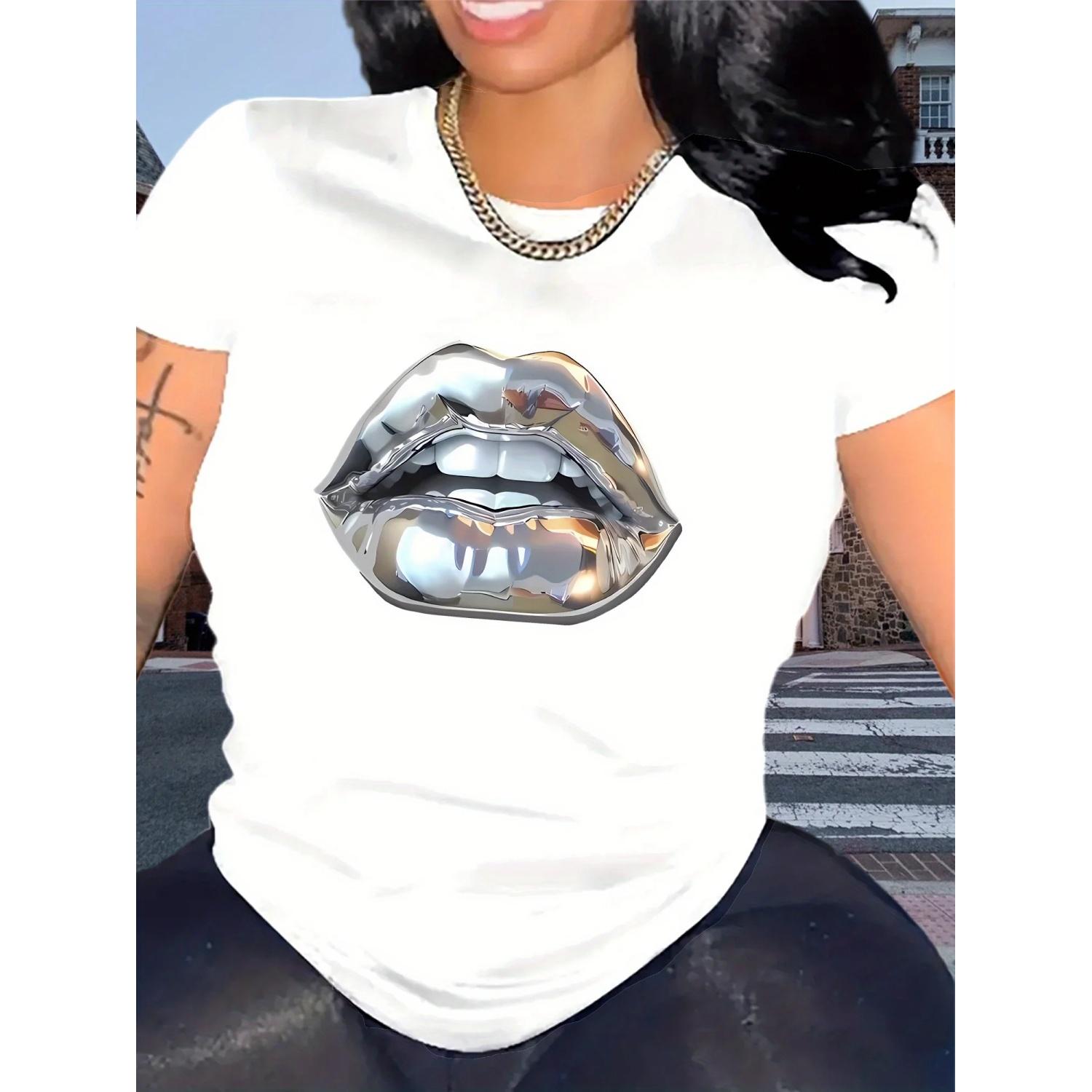 

Women S Fashionable Lip Print T-Shirt - Casual & Sporty Round Neck Short Sleeve Comfortable Machine Washable XXXXXL