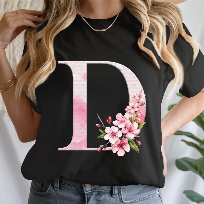 Y2k Cherry Blossom Letter Az Tshirts Unisex Pink Floral Aesthetic Alphabet Tees Short Sleeve Boho Chic Tops Mama Gifts Tshirts