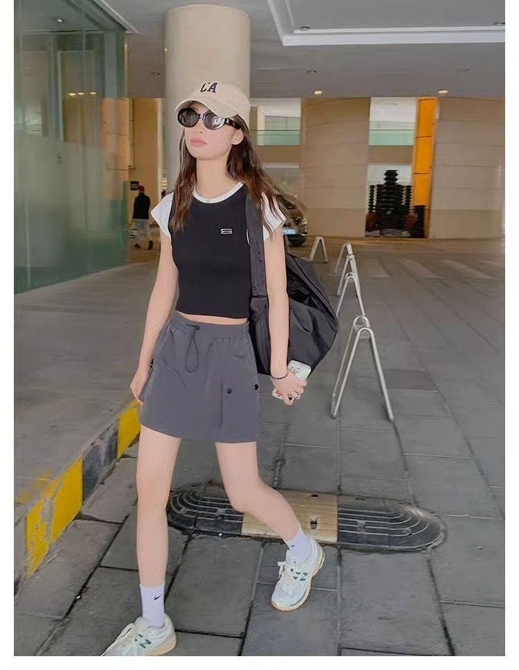 Gray High-Waisted A-Line Wide-Leg Summer Skirt for Women - Petite, Slimming, and Quick-Drying