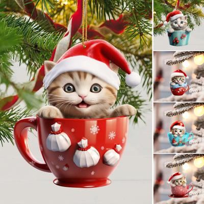 Christmas Pendant 2D Acrylic Cat Sitting Mug Charm Hanging Decor with