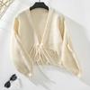 Women S V Neck Loose Solid Short Knit Cardigan With Tie