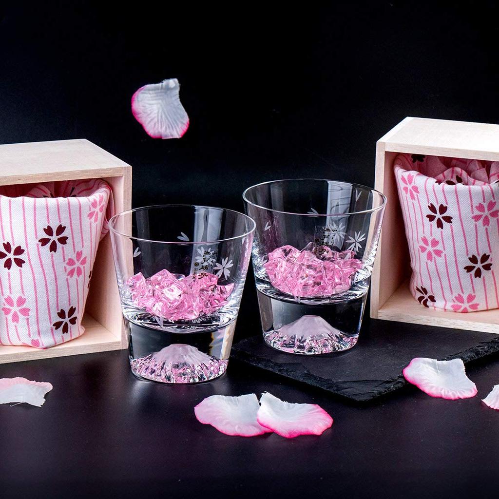Fuji Tajima Glass Sakura Rocks Glasses x 2 Pair Set Grand Prix Edo Edo 60th Overseas Celebration Made in Paulownia Wood Includes Views of Mount Fuji x