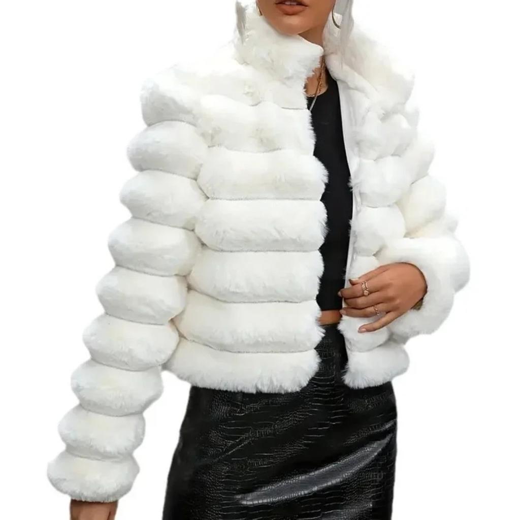 VAYLA Faux Fur Women Coats Stand Collar Full Sleeve Short Coat Thick Warm Solid Temperament Elegant Splice Autumn Winter
