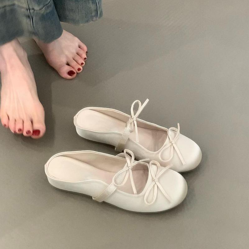 Sheepskin version~ inner height increase flat bottom comfortable bag head sandals bow word with satin surface round head half slippers women