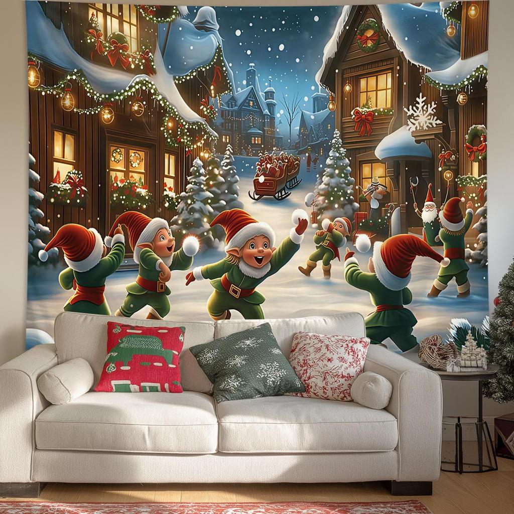 Christmas Tapestry Fairy Lights Christmas Tree Snowy Window Scene Red Curtains Christmas Event Backdrop Background Cloth