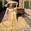 French Beautiful Yellow Skirt Collar Suspender Dress Women's Summer Seaside Vacation Elegant Fairy Big Swing Dress