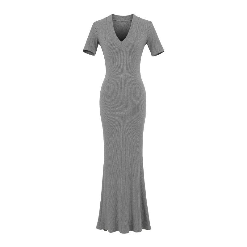 Summer new basic Kardashian basic version V-neck long dress sexy little mother style slim dress