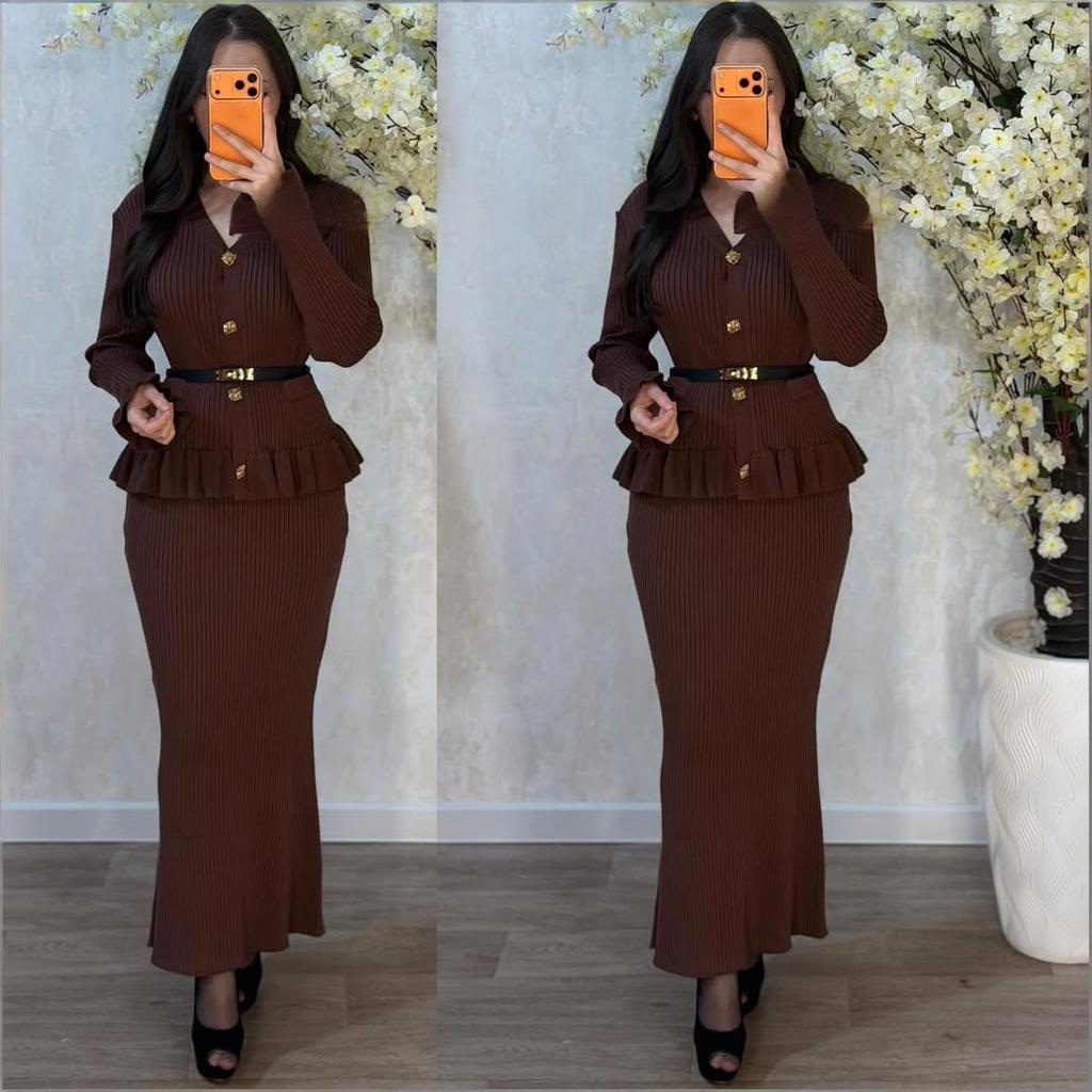 2026 Autumn Women's V-Neck Knit Sweater and Long Bodycon Skirt Set