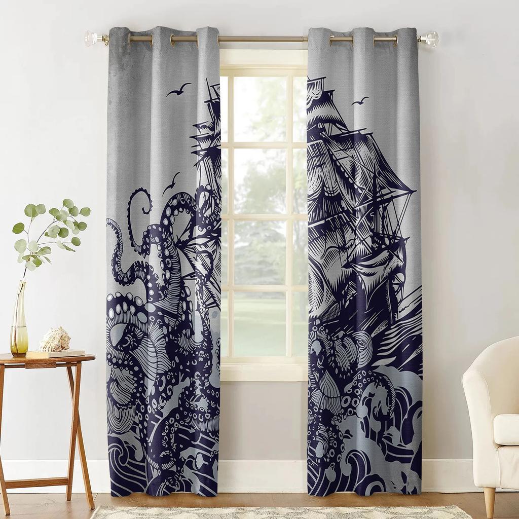 Nautical Theme Octopus Sea Monster Blackout Curtains For Living Room Bedroom Window Treatment Blinds Drapes Kitchen Curtains