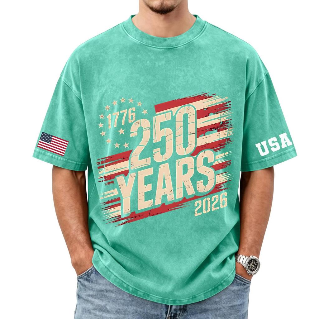 Men's loose and casual flag letter print T-shirt - Men's trendy washed short-sleeved top