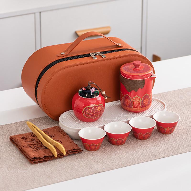 Guochao travel tea set outdoor portable high-end business one pot four cups tea tray set gift commemorative gift