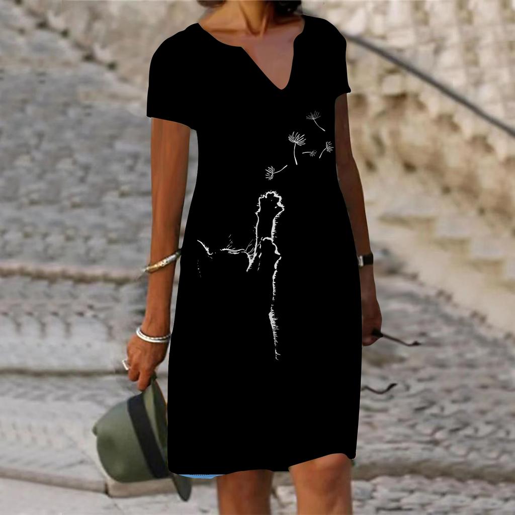 Rochie de vară cu decolteu în V, cu mâneci scurte, cu linii de pisică neagră, rochie lejeră, lejeră, pentru femei